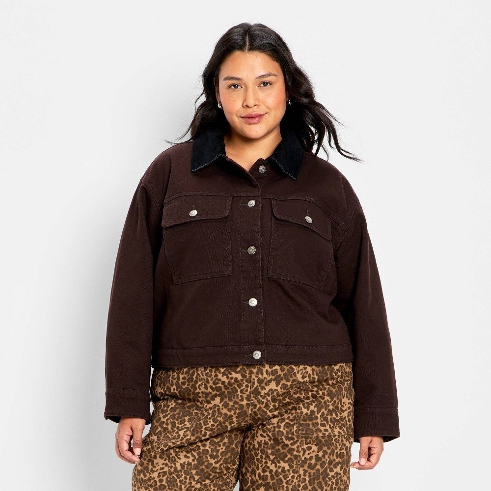 Universal Thread Womens Brown Denim Trucker Jacket Corduroy Cropped XL (0059)